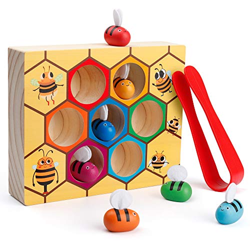 Product Cover Coogam Toddler Fine Motor Skill Toy, Clamp Bee to Hive Matching Game, Montessori Wooden Color Sorting Puzzle, Early Learning Preschool Educational Gift Toy for 2 3 4 Years Old Kids