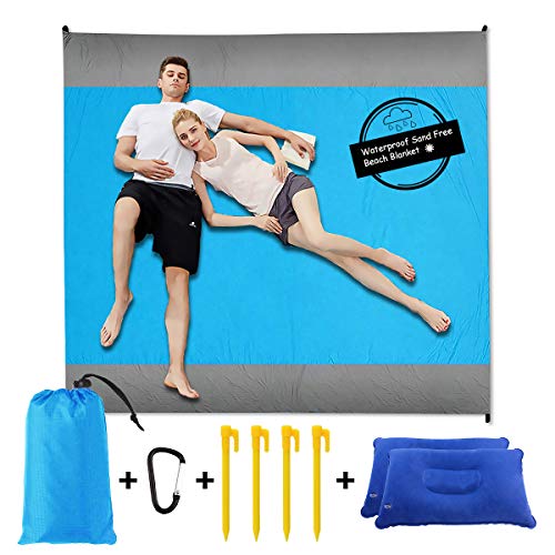 Product Cover Sand Free Beach Blanket Mat - 82''×79'' 【Include 2 pcs Inflatable Pillow】Waterproof Travel Hiking Camping Picnic Mat Outdoor Large Beach Blanket Sand Proof with Drawstring Carrying Bag - Blue