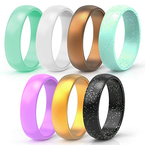 Product Cover Wooany Silicone Wedding Ring for Women - 5&7 Packs Thin and Stackable Silicone Ring - Confortable and Skin Safe Rubber Wedding Bands for Women&Kids - Designed for U.S