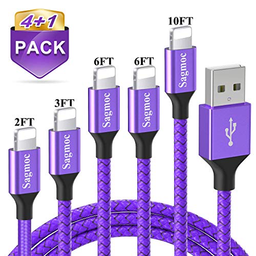 Product Cover Phone Charger Cable Purple with Highspeed - Sagmoc USB Charging Cord Nylon Braided 【4+1Pack】 10FT 2x6FT 3FT 2FT Compatible for XS/XS MAX/XR/X/8/8Plus/7/7Plus/6/6Plus/6s/6sPlus/5/5s/AIR/PRO and More