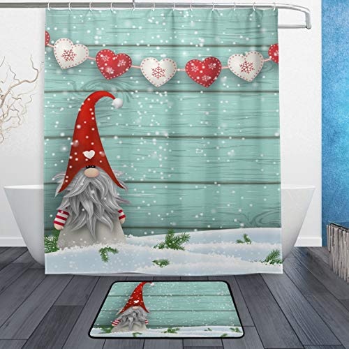 Product Cover ZOEO Stylish Shower Curtain Set Cute Christmas Gnome Polyester Fabric Bathroom Curtain Suit with Mat Rug 12 Hooks