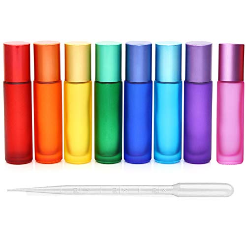 Product Cover 8Pcs 10ml(1/3oz) High-grade Colorful Frosted Roll on Bottles Thick Glass Massage Roller Bottles Tube Vials Containers for Essential Oils, Aromatherapy, Perfumes and Lip Balms+ 1pc 3ml Dropper