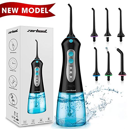 Product Cover Cordless Water Flosser Teeth Cleaner, [NEWEST 2019] High Plus Rechargable Portable Oral Irrigator For Travel, Braces & Bridges Care, IPX7 Waterproof With 6 Interchangeable Jet Tips, Black