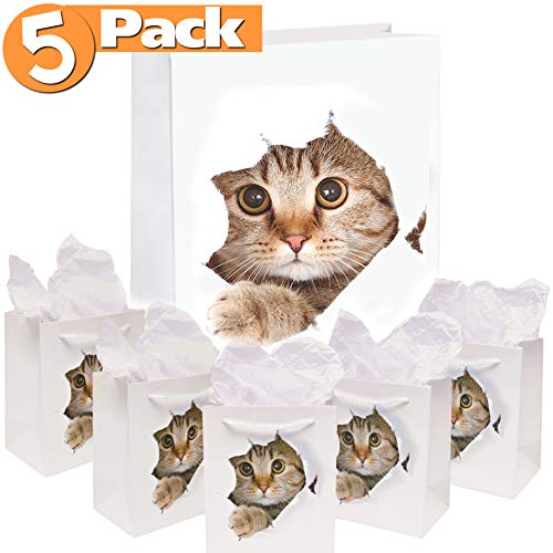 Product Cover 5-Pack Cat Gift Bags | Paper Bag for Birthday and Holiday Gifts, Party Favors | Kitten Themed Goodie Bags with White Rope Handles | Reusable, Biodegradable, 7x7.5 Inches