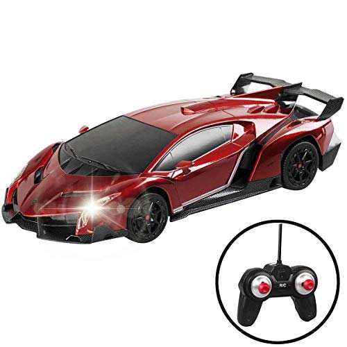 Product Cover QUN XING RC Cars - Remote Control Car Licensed by Lamborghini Veneno Vehicle Sport Racing Hobby Grade Model Car 1/24 Scale for Kids Adults(Red)