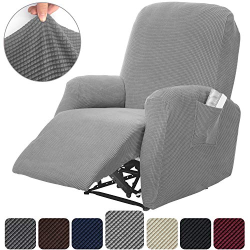 Product Cover Rose Home Fashion RHF 4 Separate Piece Stretch Recliner Slipcovers, Recliner Chair Cover, Recliner Cover Furniture Protector Elastic Bottom, Recliner Slipcover with Side Pocket (Gray-Recliner)