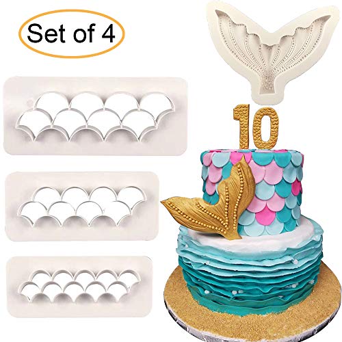 Product Cover 4Pcs/Set Mermaid Tail Silicone Fondant Mold & Scale Fondant Cutter, Fish Scales Pattern Geometric Embossing Biscuit Cookie Cutter DIY Mermaid Birthday Party Cake Decorating Supplies