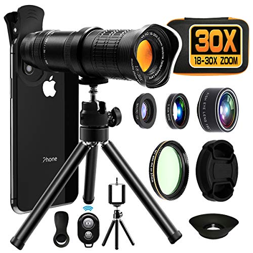 Product Cover Moikin 18X-30X Cell Phone Camera Lens, 4 in 1 Photography Lens Kit - 18X-30X Zoom Telephoto Lens - Remote Shutter, Wide Angle, Fisheye & Macro Lens for iPhone, Samsung & Android Smartphones