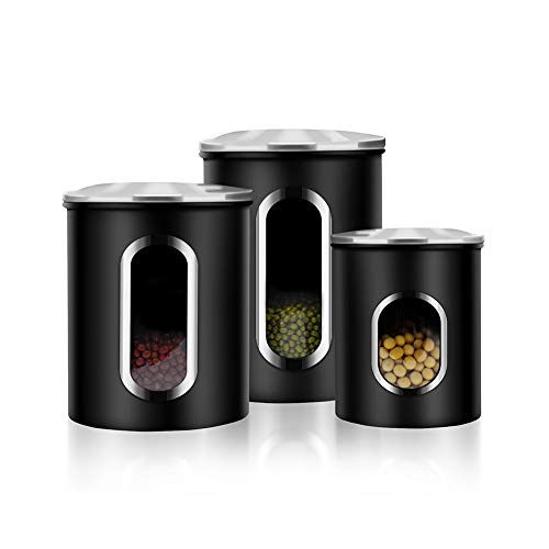 Product Cover Canisters Set, 3 Piece Window Kitchen Canister with Fingerprint Resistance Lids, Black