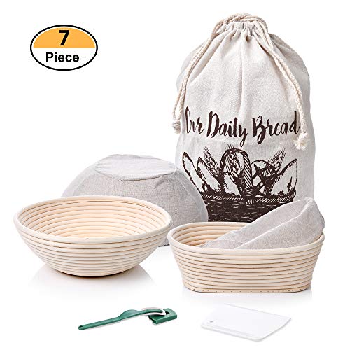 Product Cover 7 Piece Banneton Proofing Bread Basket 9 inch Round + 10x6x4 inch Oval Sourdough Baking Set | Lame + Dough Bowl Scraper+ Bread Bag | Perfect with Sourdough Starter for Making Artisan Homemade Bread