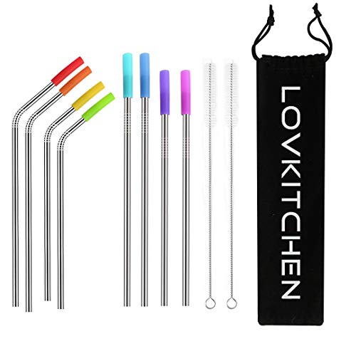 Product Cover Stainless Steel Drinking Straws, LOVKITCHEN Reusable Metal Straws for Beverage, fit for 20/30 oz Tumblers Cups (Set of 8, 8.5 Inches - 10.5 Inches), Cleaning Brushes and Storage Bag Included