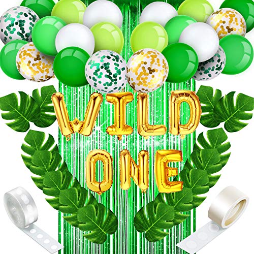 Product Cover Birthday Decorations Set, include Green Foil Fringe Curtain, Wild One Balloons, Palm Leaves, Latex Balloons, Confetti Balloons, Adhesive Dots and Strip Tape for Party Supplies