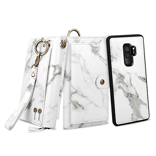 Product Cover Petocase Compatible S9 Plus Wallet Case, Multi-Function Zipper Purse with Detachable Magnetic Back Cover Wristlets 13 Card Slots & 4 Cash Pocket Cover for Samsung Galaxy S9 Plus White Marble