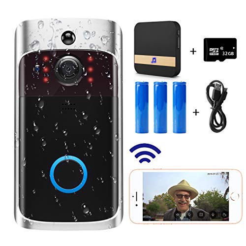 Product Cover Video Doorbell Camera (Upgraded) with Ring Chime (All in One),Wi-Fi with PIR Motion Detection,Waterproof,Wide Angle,Night Vision,Real-Time Notification,Two-Way Talk,32GB SD Card,3 Batteries, USB Cable