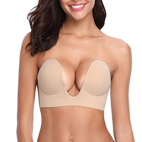 Product Cover Alupper Strapless Bra Adhesive Invisible Backless Bras Plunge Reusable Magic Bra Nipple Covers Silicone Bra (Beige, A)