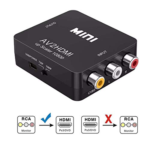 Product Cover RCA to HDMI, 1080P Mini RCA Composite CVBS AV to HDMI Video Audio Converter Adapter Supporting PAL/NTSC with USB Charge Cable for PC Laptop Xbox PS4 PS3 TV STB VHS VCR Camera DVD