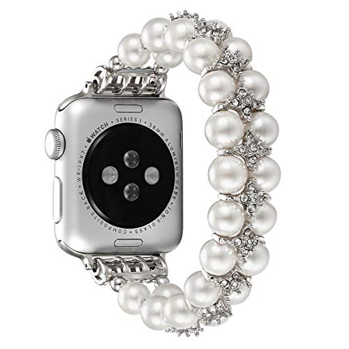 Product Cover fastgo Compatible with Apple Watch Band 38mm 40mm 42mm 44mm, Women Girls Fancy Handpicked Artificial Pearl Elastic Stretch Bracelet Jewelry Wristband Compatible with Iwatch Series 5/4/3/2/1