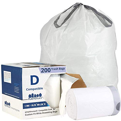 Product Cover Plasticplace Custom Fit Trash Bags │ Simplehuman Code D Compatible (200 Count) │ White Drawstring Garbage Liners 5.2 Gallon / 20 Liter │ 15.75