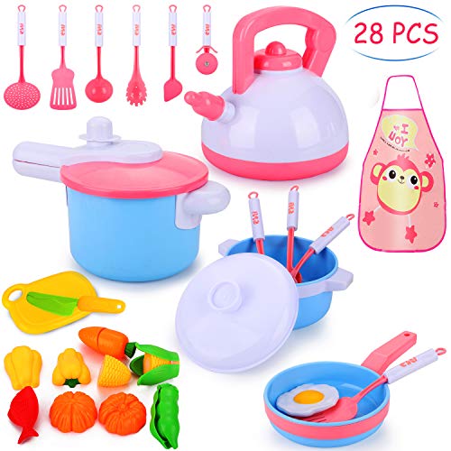Product Cover Biulotter 28 Pcs Kitchen Cooking Set, Kitchen Cooking Set Cookware Utensils Kitchen Food Playset Accessories for Toddlers Girls Boy Tea Playset Toy for Kids Pretend Play Food Set