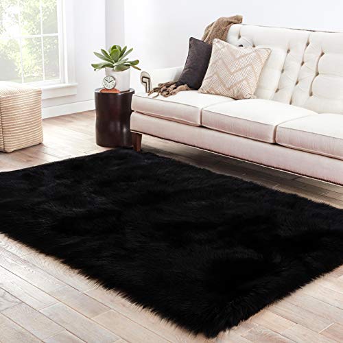 Product Cover LOCHAS Soft Faux Sheepskin Fluffy Rugs for Bedroom Kids Room, High Pile Faux Fur Area Rug Bedside Floor Carpet Photography, 3x5 Feet Rectangular Black