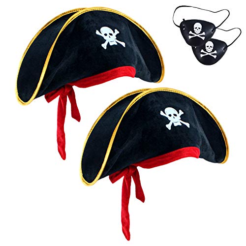 Product Cover 2 Pieces Pirate Hat Skull Print Pirate Captain Costume Cap - Pirate Accessories Funny Party Hat for Caribbean Fancy Dress with Eye Patch