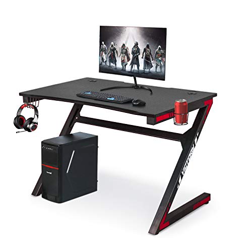 Product Cover Computer Gaming Desk with Large Carbon Fiber Surface Cup Holder & Headphone Hook for Home or Office, Gaming PC Desk Table