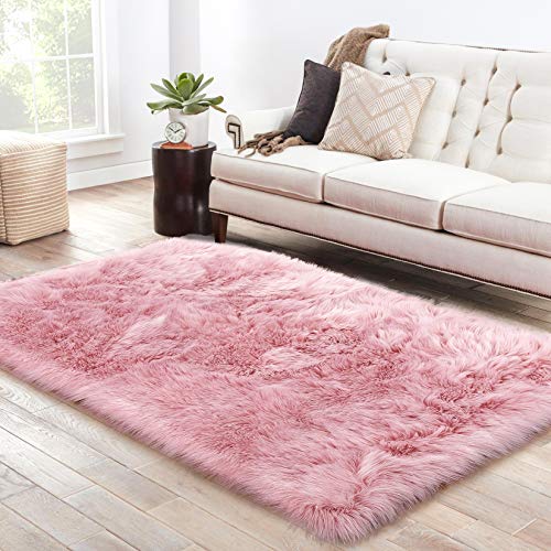 Product Cover LOCHAS Soft Faux Sheepskin Fluffy Rugs for Bedroom Kids Room, High Pile Faux Fur Area Rug Bedside Floor Carpet Photography, 3x5 Feet Rectangular Pink