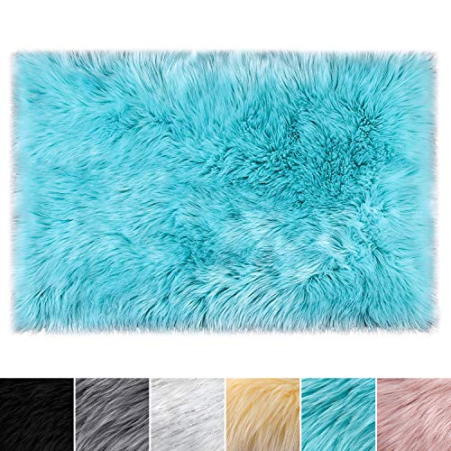 Product Cover LOCHAS Thick Fluffy Faux Sheepskin Rugs for Bedroom, Super Soft Faux Fur Area Rug Bedside Carpet Floor Photography, Machine Washable, 2 x 3 Feet Rectangular Light Blue