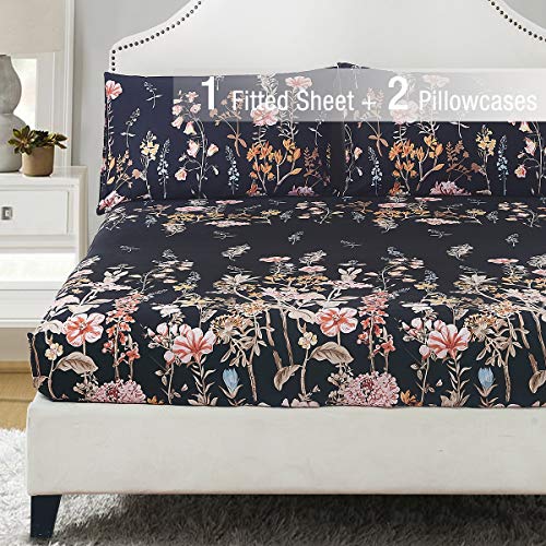 Product Cover YEPINS Microfiber Fitted Sheet(No Flat Sheet), 3 Piece (1 Fitted Sheet and 2 Pillowcases) Print Floral/Branch Pattern Design, Black Color- Queen Size(60X80 Inch)