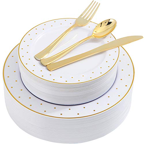 Product Cover 200pcs Gold Plastic Dinnerware, White Disposable Plates with Gold Printing, Gold Plastic Silverware Include 40 Dinner Plates, 40 Salald Plates, 40 Knives, 40 Forks, 40 Spoons, Supernal