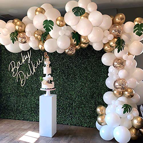 Product Cover DREAMWELL Balloon Garland Arch Kit White Gold Confetti Balloons 101 PCS Artificial Palm Leaves 6 PCS Balloons for Parties Party Wedding Birthday Balloons Decorations Baby Shower Decorations for Girl Boy