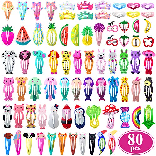 Product Cover Girls Hair Clips Barrettes, Funtopia 80 Pcs Lovely Animal Fruit Printed Pattern Metal Snap Hair Clips Cartoon Design Hairpins for Kids Teens Pets