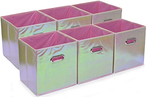 Product Cover Foldable Cube Storage Bins - 6 Pack - These Decorative Fabric Storage Cubes are Collapsible and Great Organizer for Shelf, Closet or Underbed. Convenient for Clothes or Kids Toy Storage (Shiny Pink)