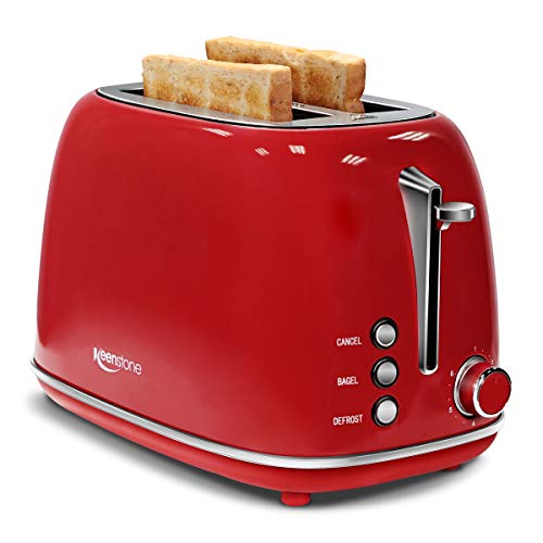Product Cover Keenstone Retro 2 Slice Toaster Stainless Steel Toaster with Bagel, Cancel, Defrost Fuction and Extra Wide Slots Toasters, 6 Shade Settings,Removable Crumb Tray, Red