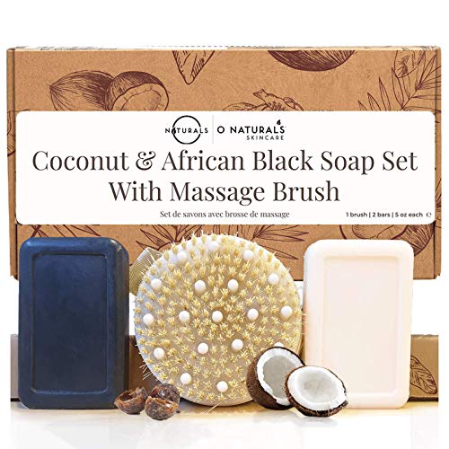 Product Cover Deluxe Vegan 3 Pc Gift Box, Bar Soaps Body Wash with Dry Body Brush, Gifts for Women. Organic Ingredients. Gifts for Men Coconut Oil Lavender Essential Oils Shea Butter African Black Soap Face Wash