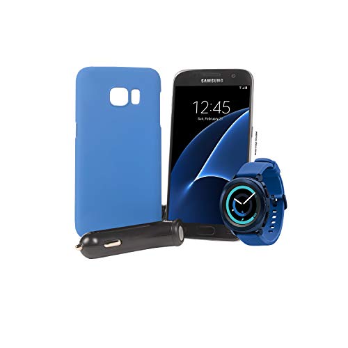 Product Cover Tracfone Samsung Galaxy S7 4G LTE Smartphone, Black with Samsung Gear Sport Smartwatch (Bluetooth), Blue, SM-R600NZBAXAR, 1500 Minutes, 1500 Text, 1.5GB Data, 1 Year of Service, Blue Case, Car Charger