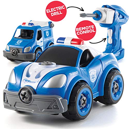 Product Cover Take Apart Toys with Electric Drill | Converts to Remote Control Police Car | 2 in one Take Apart Toy for Boys | Gift Toys for Boys 3,4,5,6,7 Year Olds | Kids Stem Building Toy