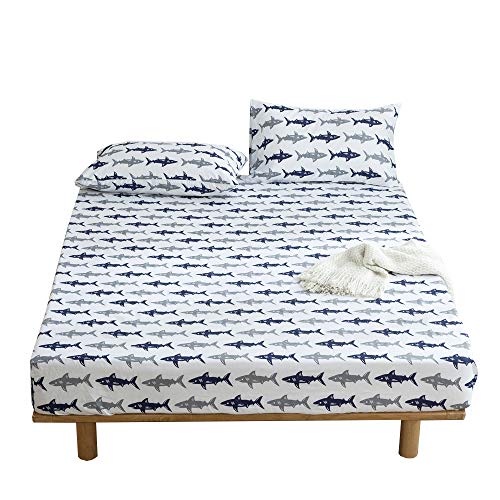Product Cover BuLuTu Navy Blue/Grey Shark Print Deep Pocket Fitted Bed Sheet Queen Cotton White-Breathable, Durable and Comfortable,Premium Single Bottom Fitted Sheet ONLY,No Pillowcases