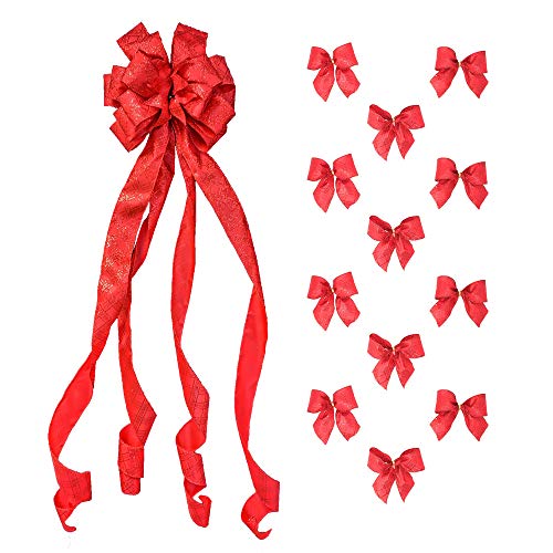 Product Cover New Traditions Simplify Your Holiday Large Christmas Tree Topper Bow and 12 Mini Bows - Red Satin Wired Ribbon with Red Glitter Stripes