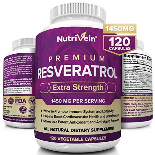 Product Cover Nutrivein Resveratrol 1450mg - Anti Aging Antioxidant Supplement 120 Capsules - Promotes Immune, Cardiovascular Health and Blood Sugar Support - Made with Trans-Resveratrol, Green Tea Leaf, Acai Berry