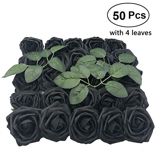 Product Cover Artificial Flowers Rose, 50pcs Real Looking Artificial Roses w/Stem for Bridal Wedding Bouquets Centerpieces Baby Shower DIY Party Home Decor, Black with 4 Leaves