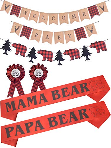 Product Cover Lumberjack Welcome Baby Baby Shower Decoration, Buffalo Plaid Baby Shower, Timber Plaid Baby Shower, Jute Burlap Baby Shower Party Decor, Buffalo Timber Plaid Party Decoration, Mama Papa Bear Sashes and Elegant Badges Pin for Baby Shower De