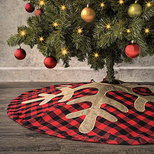 Product Cover Ivenf Christmas Tree Skirt, 48 inches Buffalo Plaid with Burlap Snowflake, Rustic Xmas Holiday Decoration, Red and Black