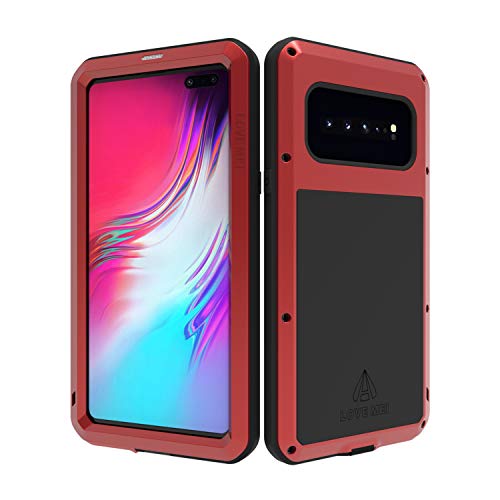 Product Cover LOVE MEI Samsung Galaxy S10 5G Case with Tempered Glass Screen Protector, Shockproof Dustproof Scratch Proof Hybrid Metal and Silicone Gel Heavy Duty Tank Case for Samsung S10 5G (Red)