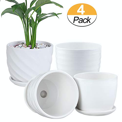 Product Cover Plant Pots - 4.7 Inch Cylinder Ceramic Planters with Connected Saucer, Pots for Succuelnt and Little Snake Plants, Set of 4, White