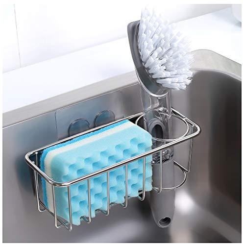 Product Cover Adhesive Sponge Holder + Brush Holder, 2-in-1 Sink Caddy, SUS304 Stainless Steel Rust Proof Water Proof, No Drilling