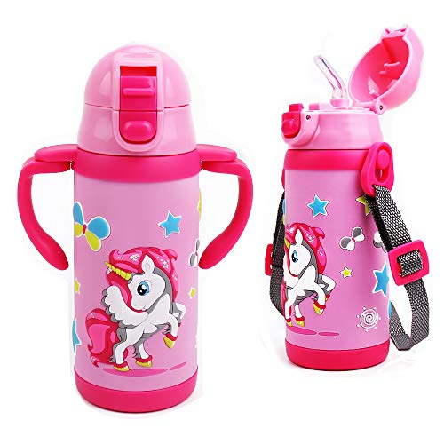 Product Cover Kids Water Bottle With Straw Unicorn Thermoses Stainless Steel Insulated Vacuum Cup BPA Free Spillproof Thermal Water Cup For Girls School Lunch - With Handle And Shoulder Strap -12oz, Pink