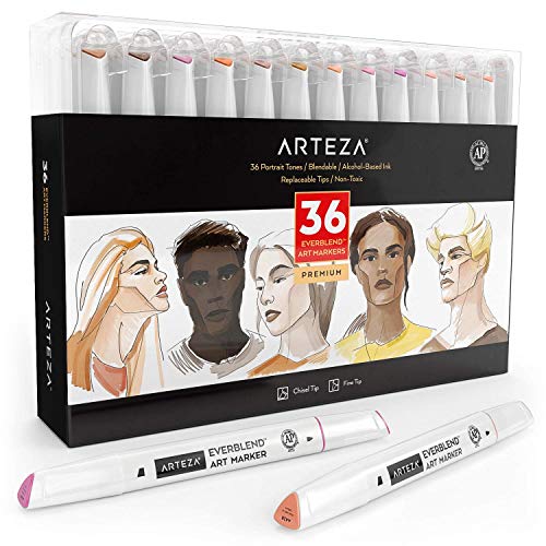 Product Cover ARTEZA Skin Tone Alcohol Based Everblend Art Markers, Set of 36 Colors, Sketch Markers with Dual Tips (Fine and Broad Chisel) for Painting, Coloring, Sketching and Drawing