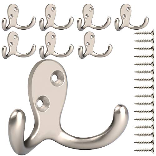 Product Cover 8 Pack Heavy Duty Double Prong Coat Hooks Wall Mounted with 20 Screws Retro Double Robe Hooks Utility Hooks for Coat, Scarf, Bag, Towel, Key, Cap, Cup, Hat (Silvery)