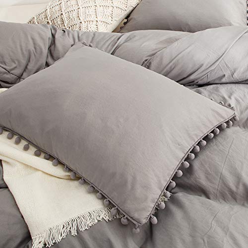 Product Cover MOVE OVER Grey Pom Poms Pillow Case, Light Grey Pillowcases Set of 2, 100% Washed Microfiber, Gray Ball Fringe Pillow Shams King, 2 Pack (King, Light Grey)